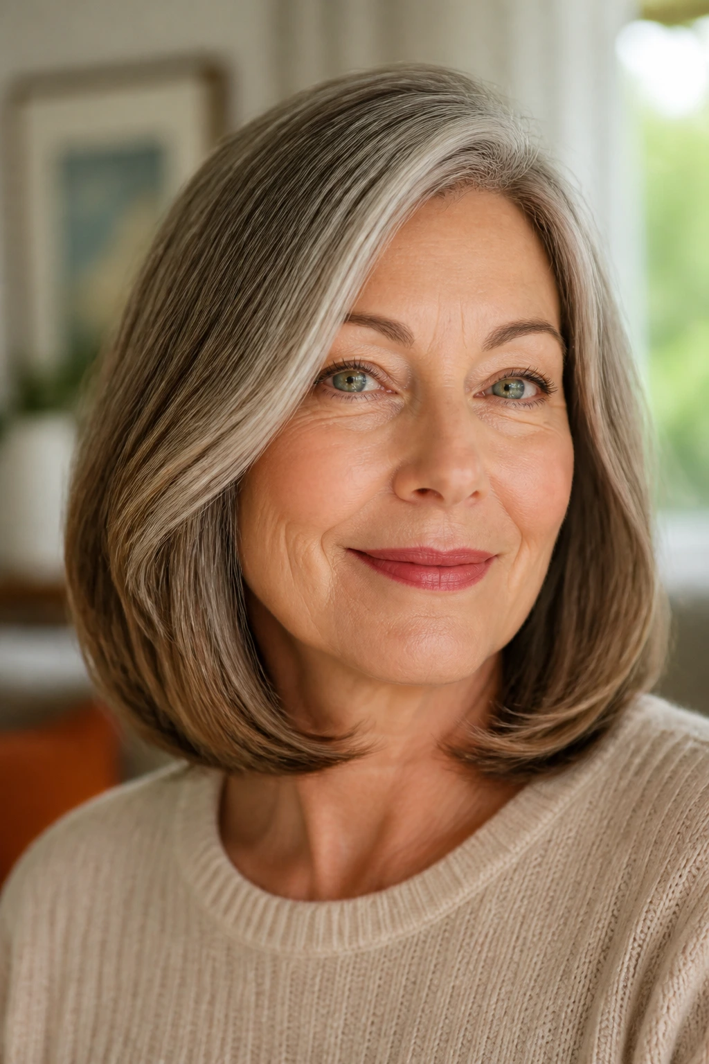 Close-up of a real woman with an underflipped lob, shoulder-length hair turned under and a polished front.