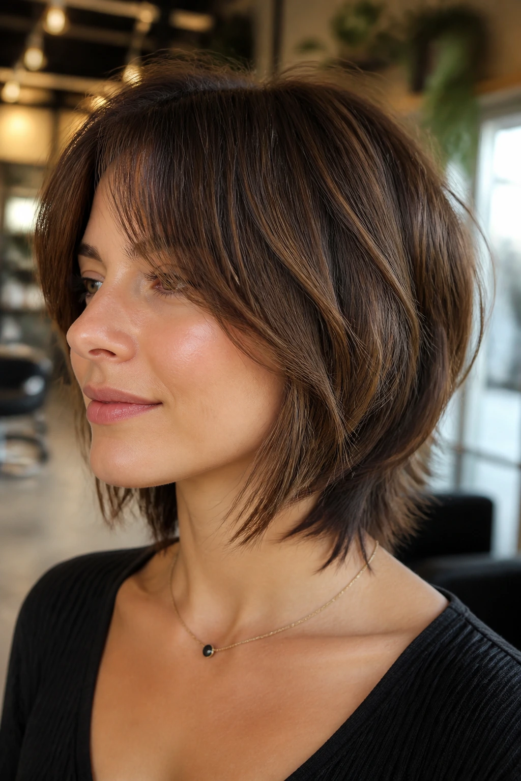 Close-up portrait of a real woman with an underlayer bob shag showing smooth top layer and hidden underlayers.