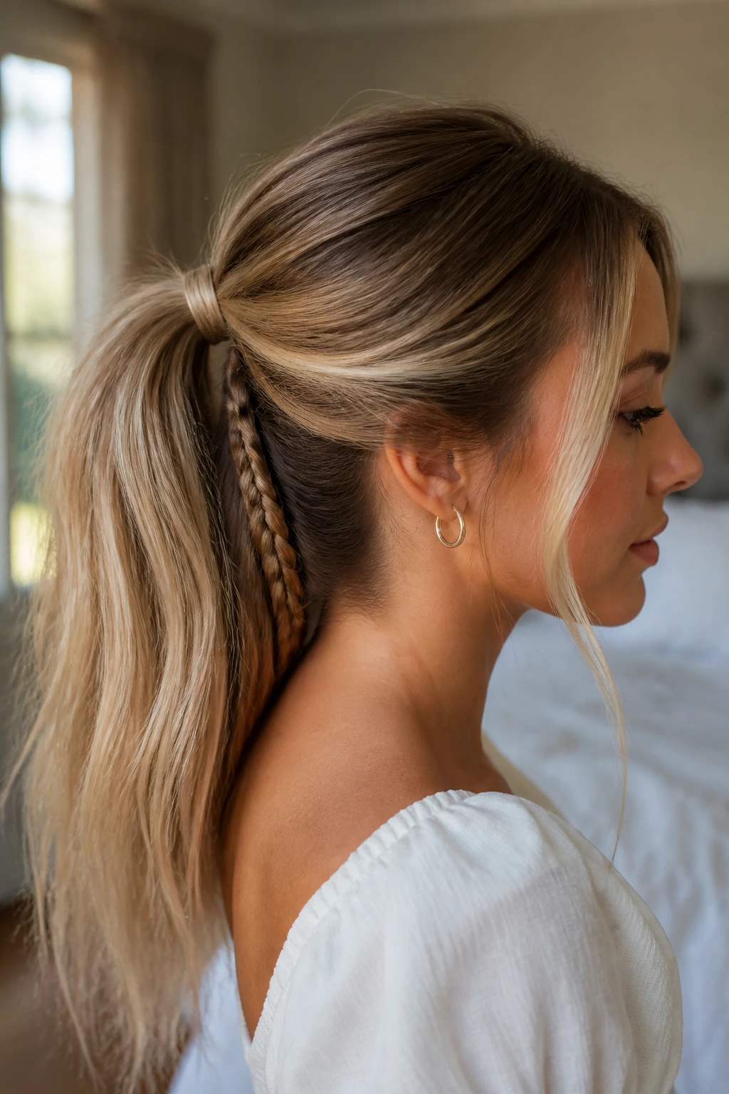 Close-up of hidden underlayer braid peeking from a ponytail on a real person