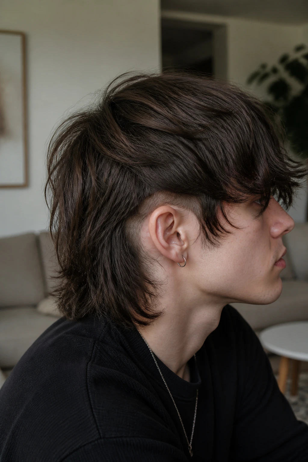 Side profile of a real person with a long shag top and hidden underlayer buzz.