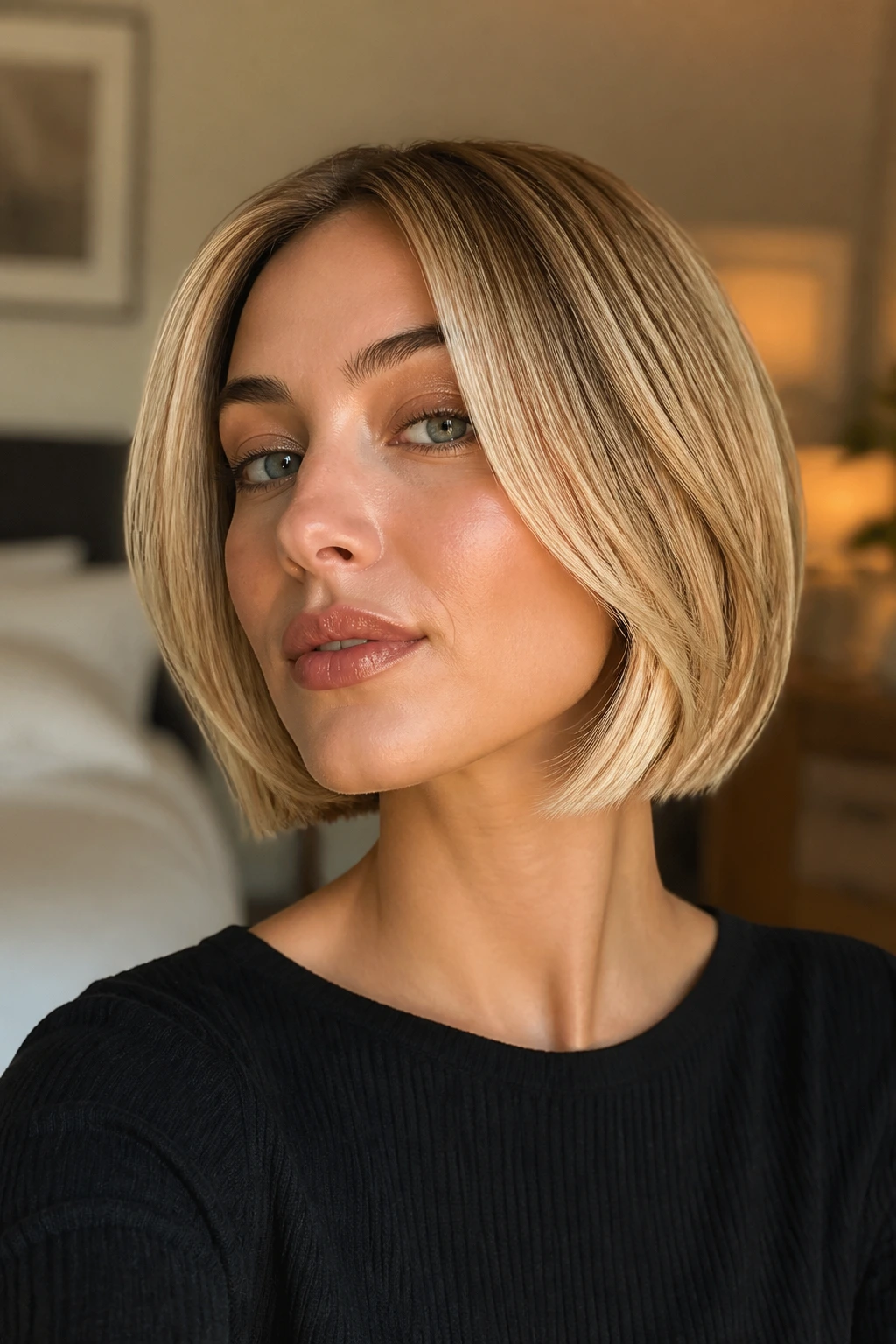 Close-up of a real woman with a short blonde bob showing an underlayer brightener peeking at the chin.
