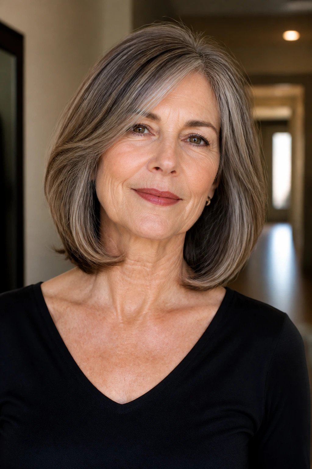 Close-up of a woman showing inner layers of an underlayer lob