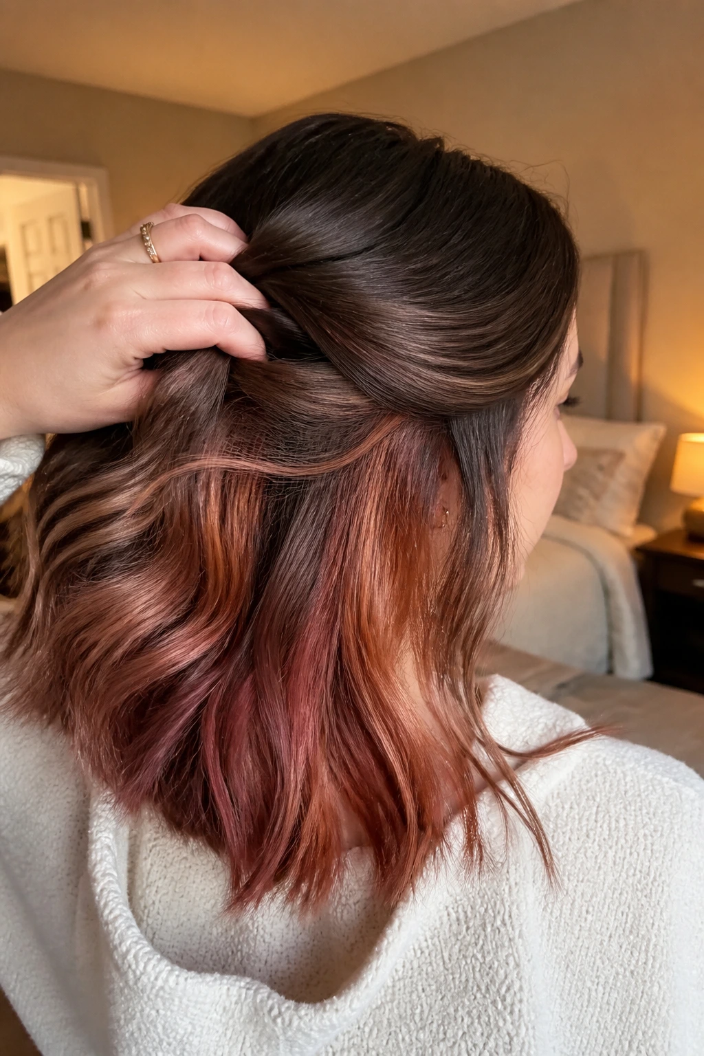 Hair reveal of hidden underlayer panels at the nape on a real person
