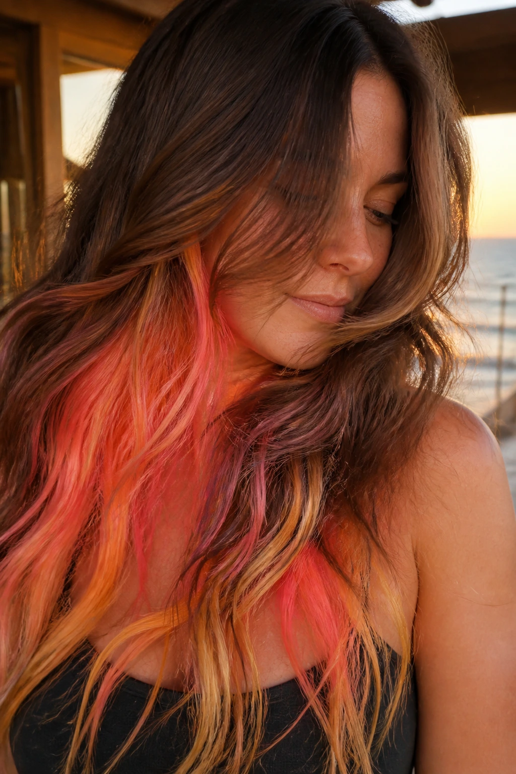 Close-up of a real woman with long hair showing a hidden tropical sunset underlayer of coral pink and gold