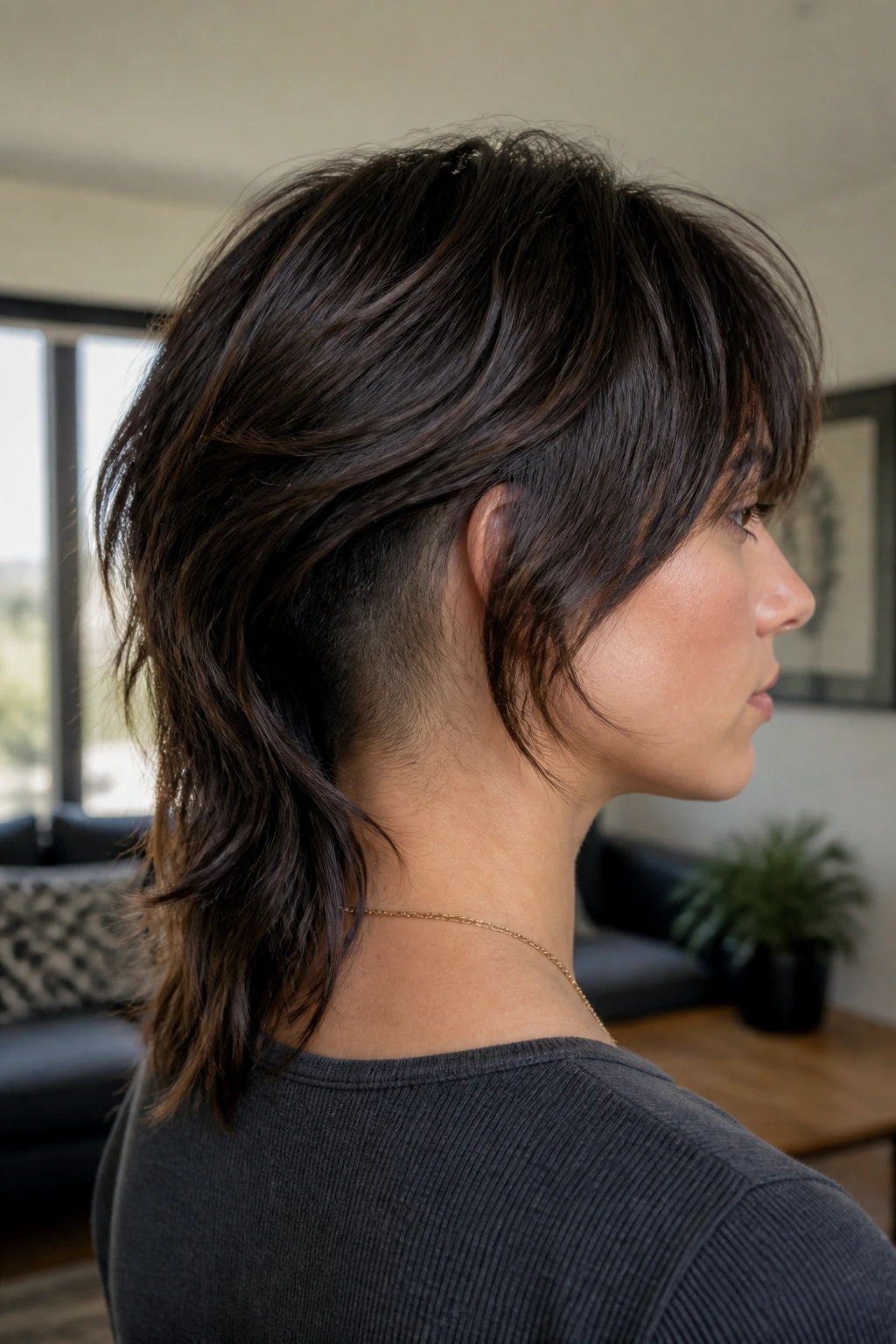 Profile view of real person with underlayer wolf cut showing back bulk removal