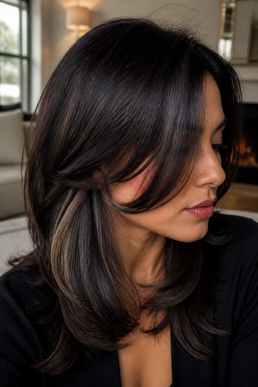 Real woman with disconnected underlayers creating hidden movement in hair