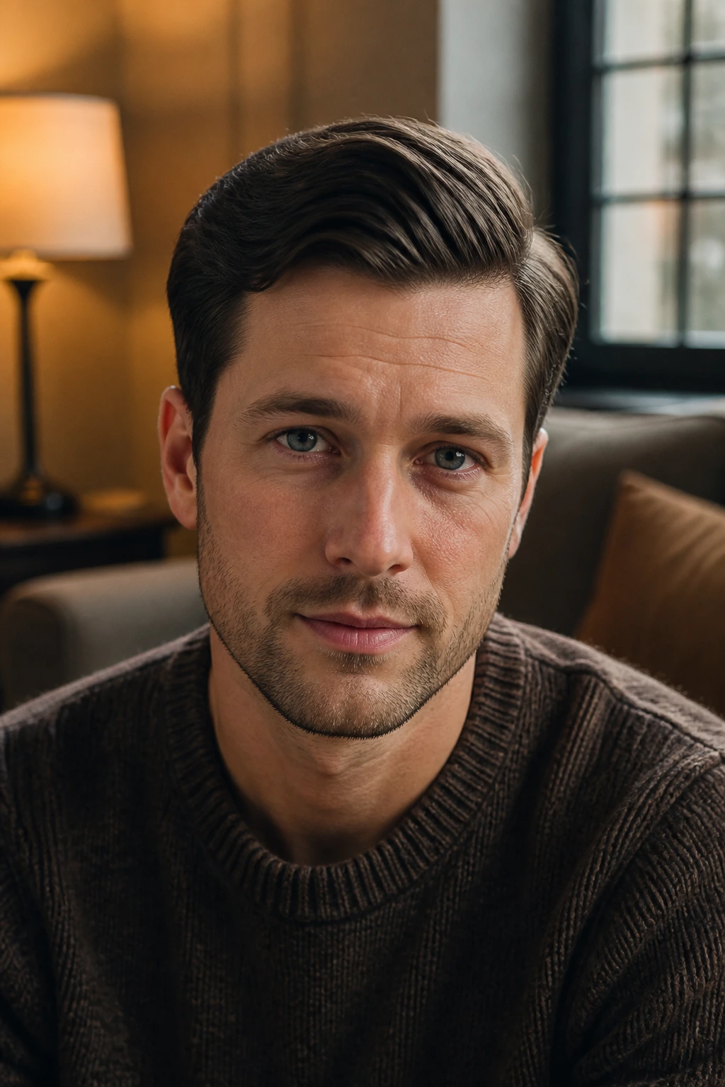 Close-up of a man with understated comb over in a cozy living room