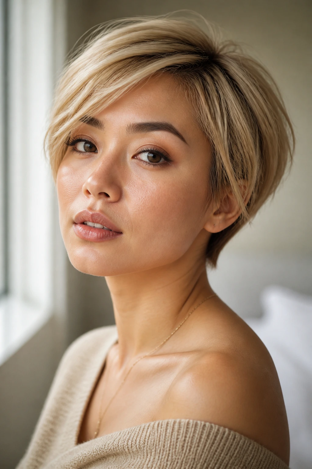 Close-up portrait of a real woman with short blonde hair and brows balancing undertone for a flattering look
