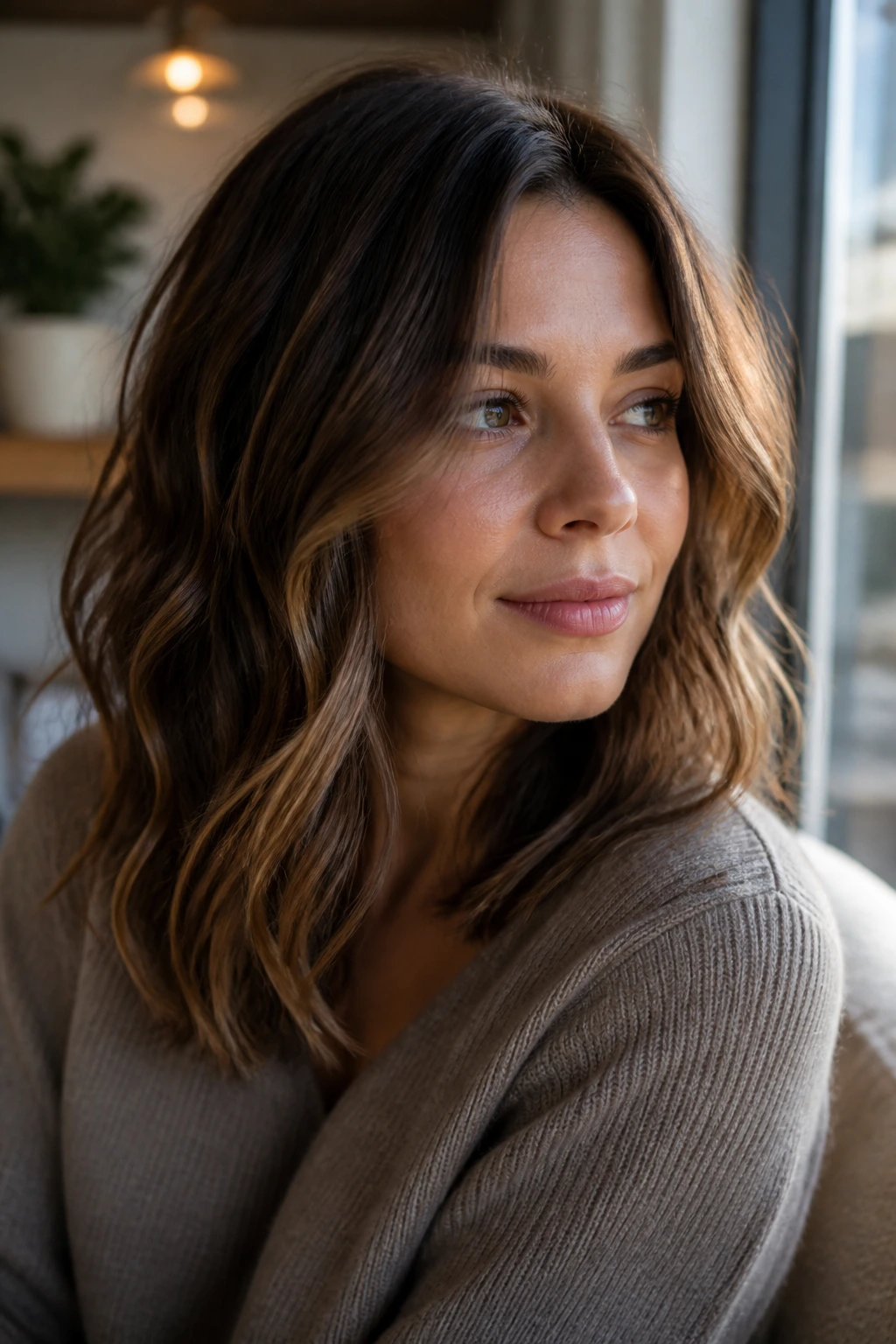 Portrait of medium-length brown hair showing undertones under warm light