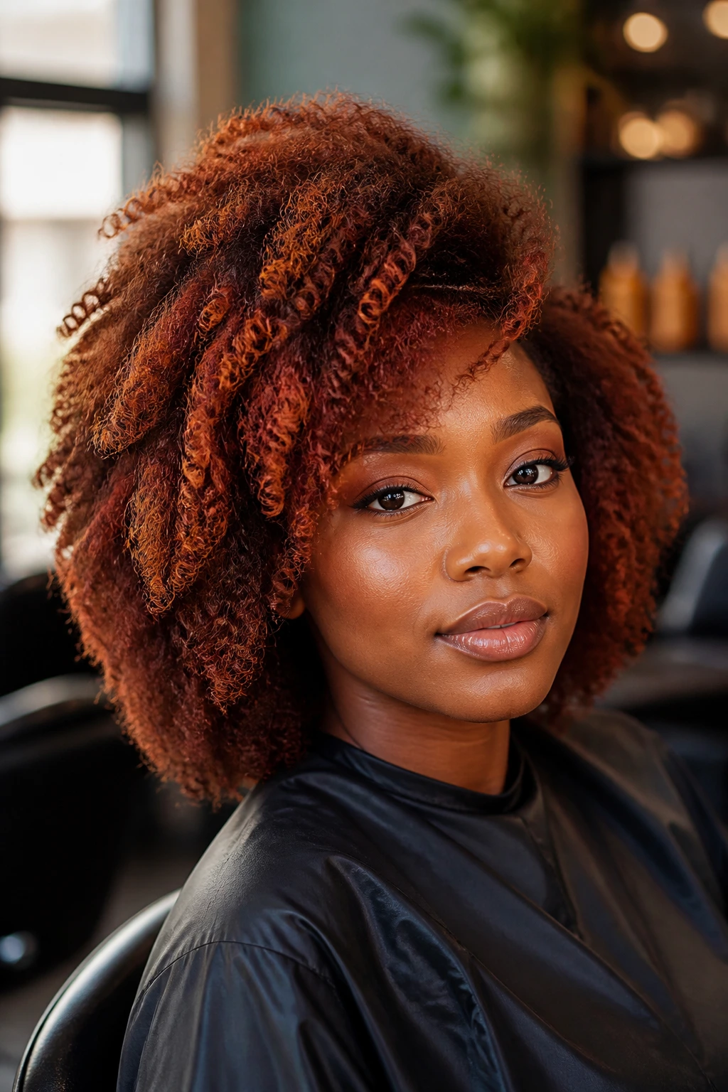 Close-up portrait of a real Black woman with copper and chestnut hair tones under warm light