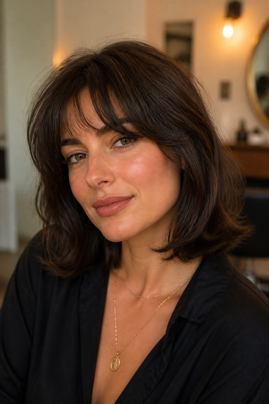 Close-up of a real woman with subtle underturned shag ends in warm indoor light.