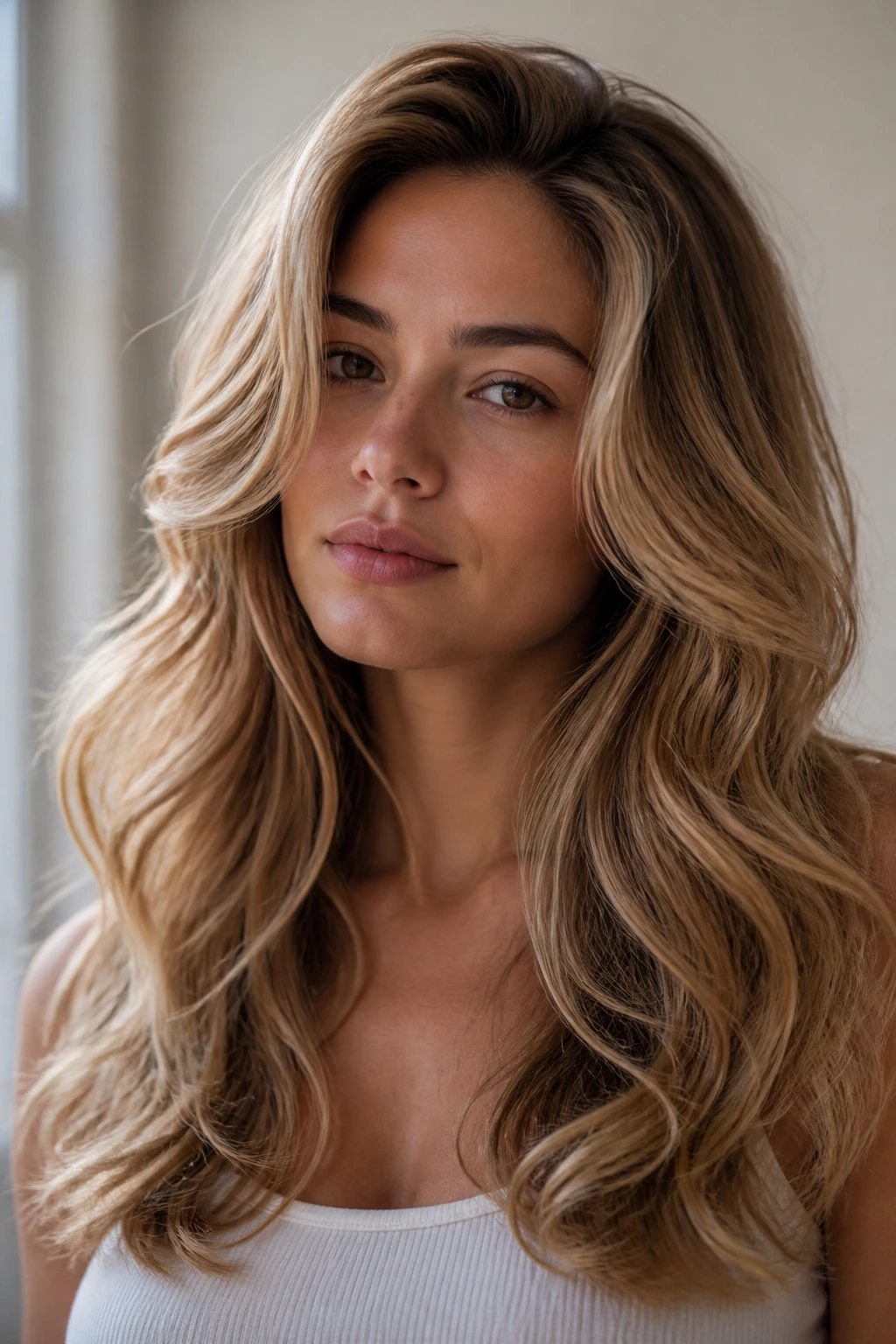 Close-up of real woman with undone blowout waves and bouncy ends
