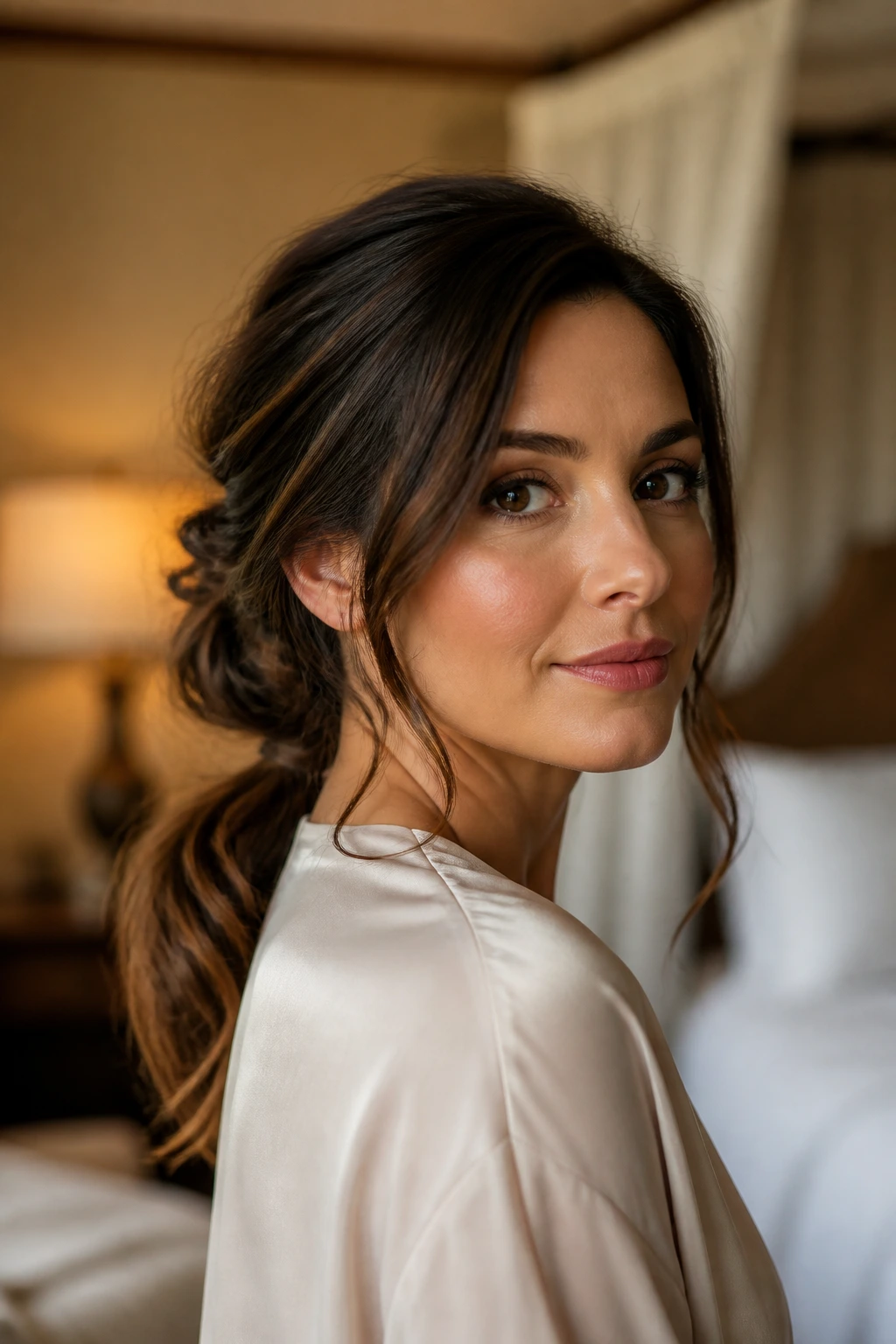 Real woman with undone chignon-pony hybrid hairstyle