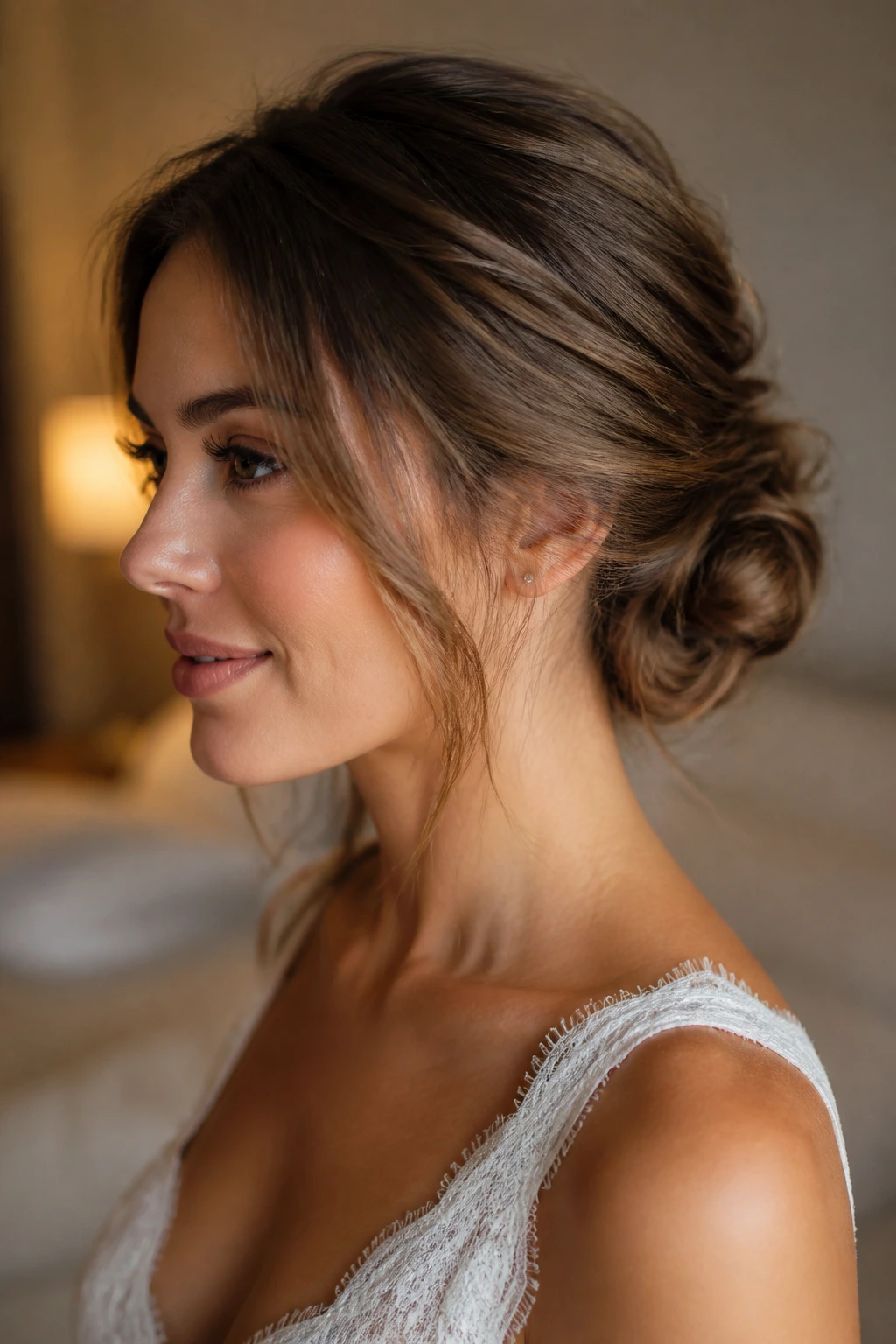 Real bride with softly undone chignon and tucked ends