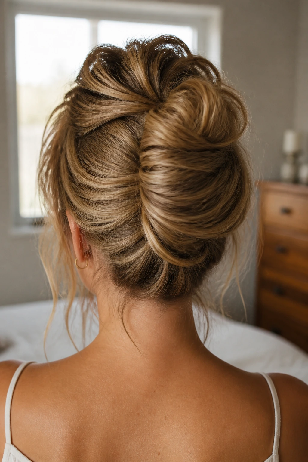Back-of-head close-up of undone French twist bun at crown on a real woman