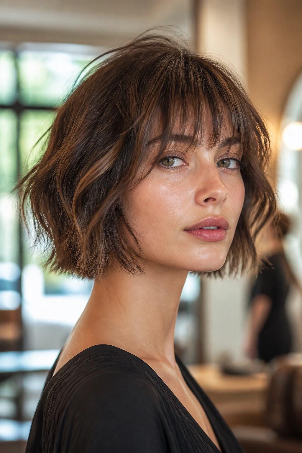 Close-up of a real woman with undone Italian bob featuring heavy texture and soft bangs