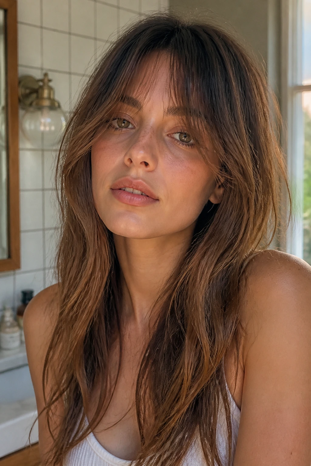 Close-up of a woman with long undone bangs in soft morning light