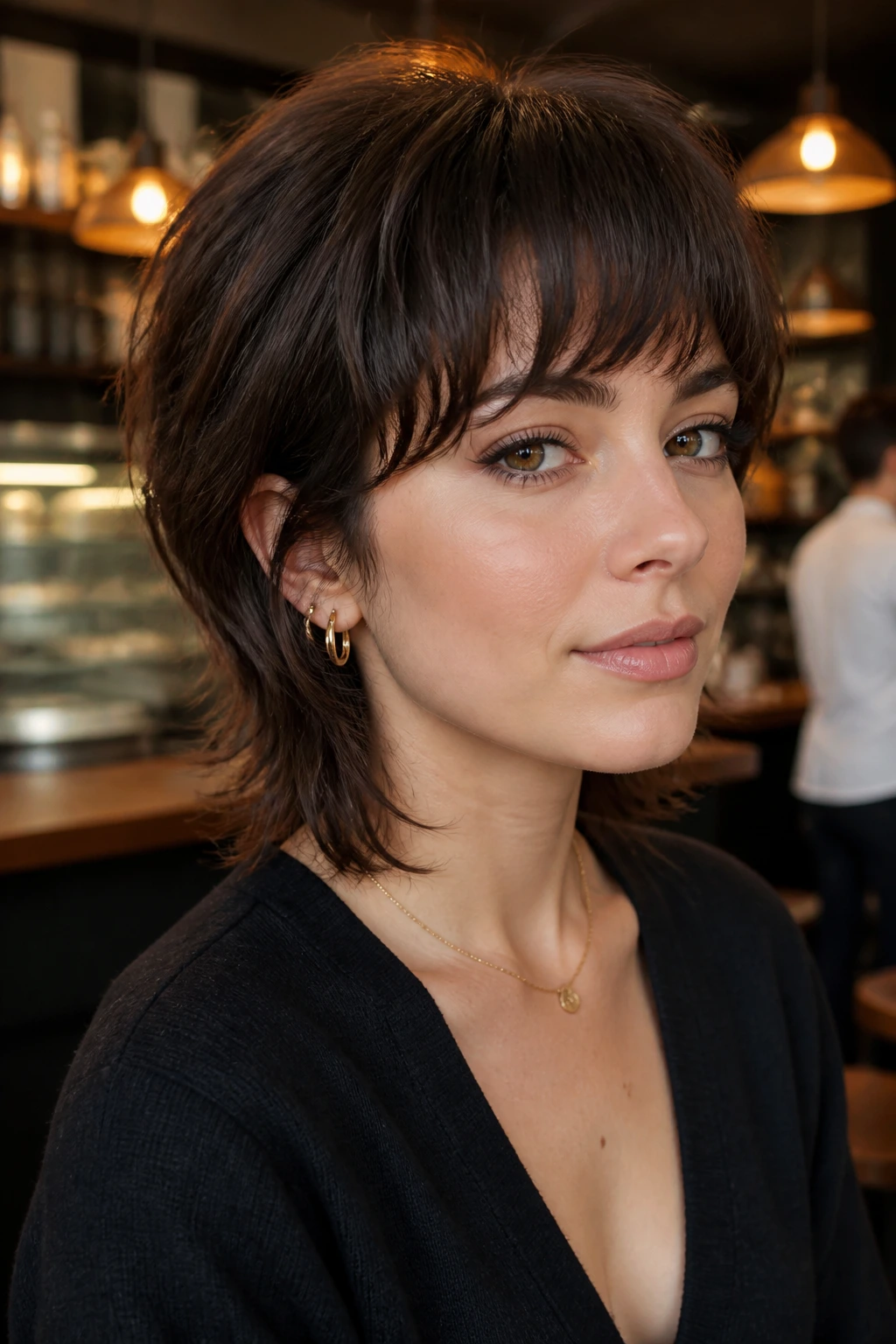 Close-up of a real woman with undone mod shag and rounded fringe in a cafe setting
