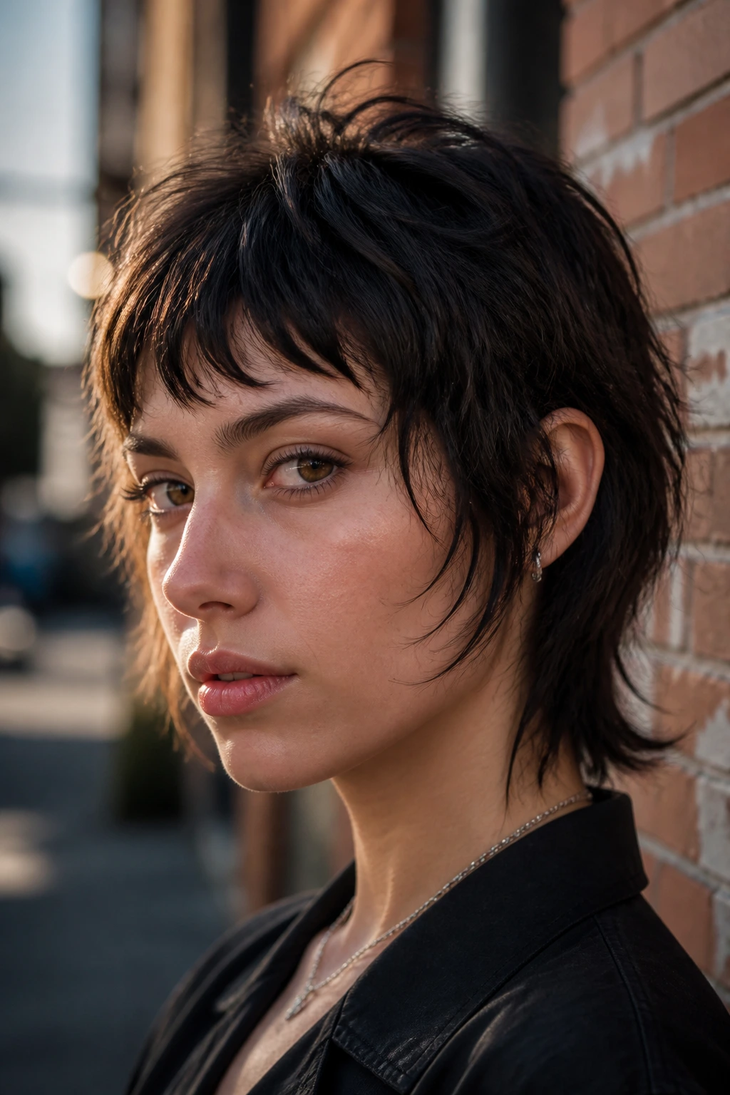 Close-up portrait of a real person with an undone mullet bob and short wisps, natural lighting, urban background.