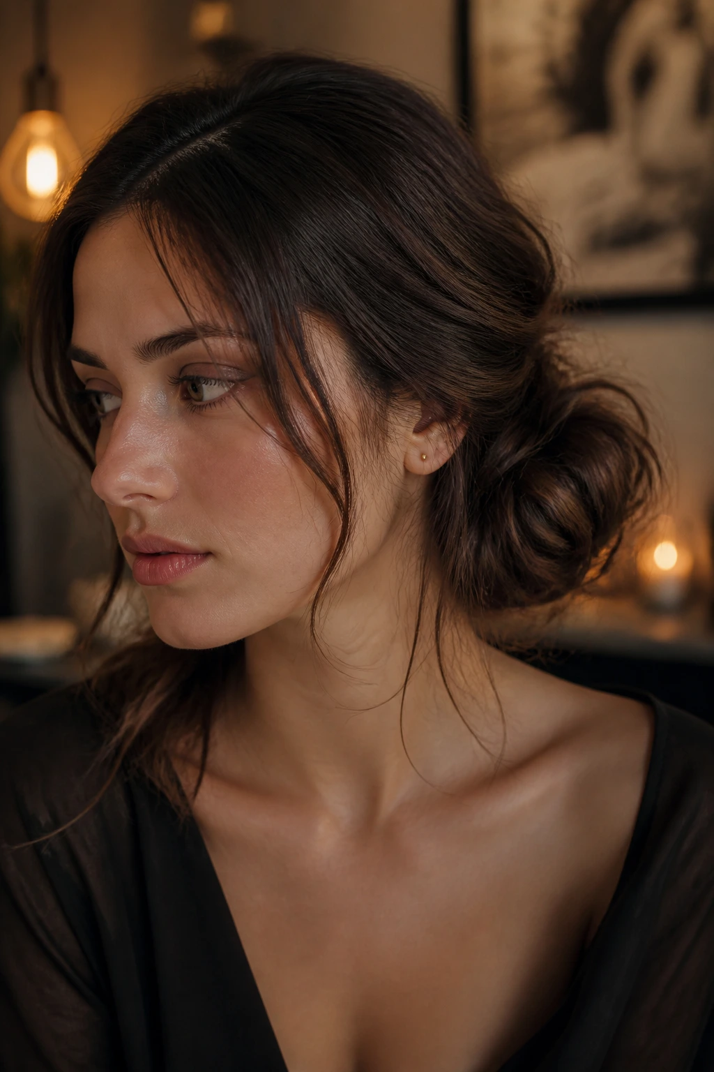 Portrait of a real woman with an undone side bun at the jawline and loose face-framing strands