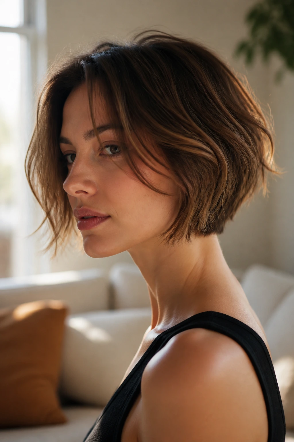Close-up of a real woman with The French-Girl Undone Stack hairstyle in natural light