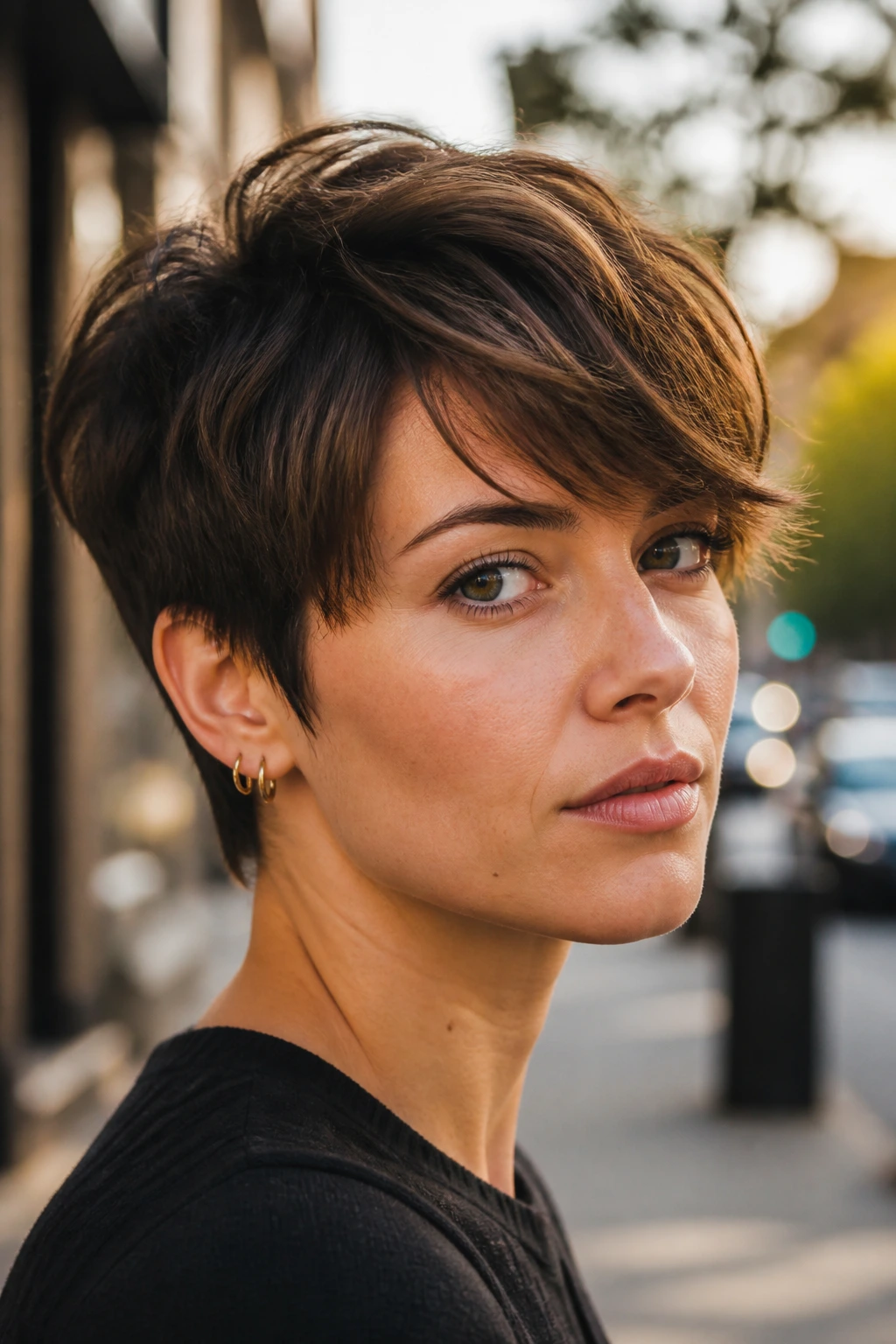 Real person with undone swoop bangs in an outdoor street setting with natural light.