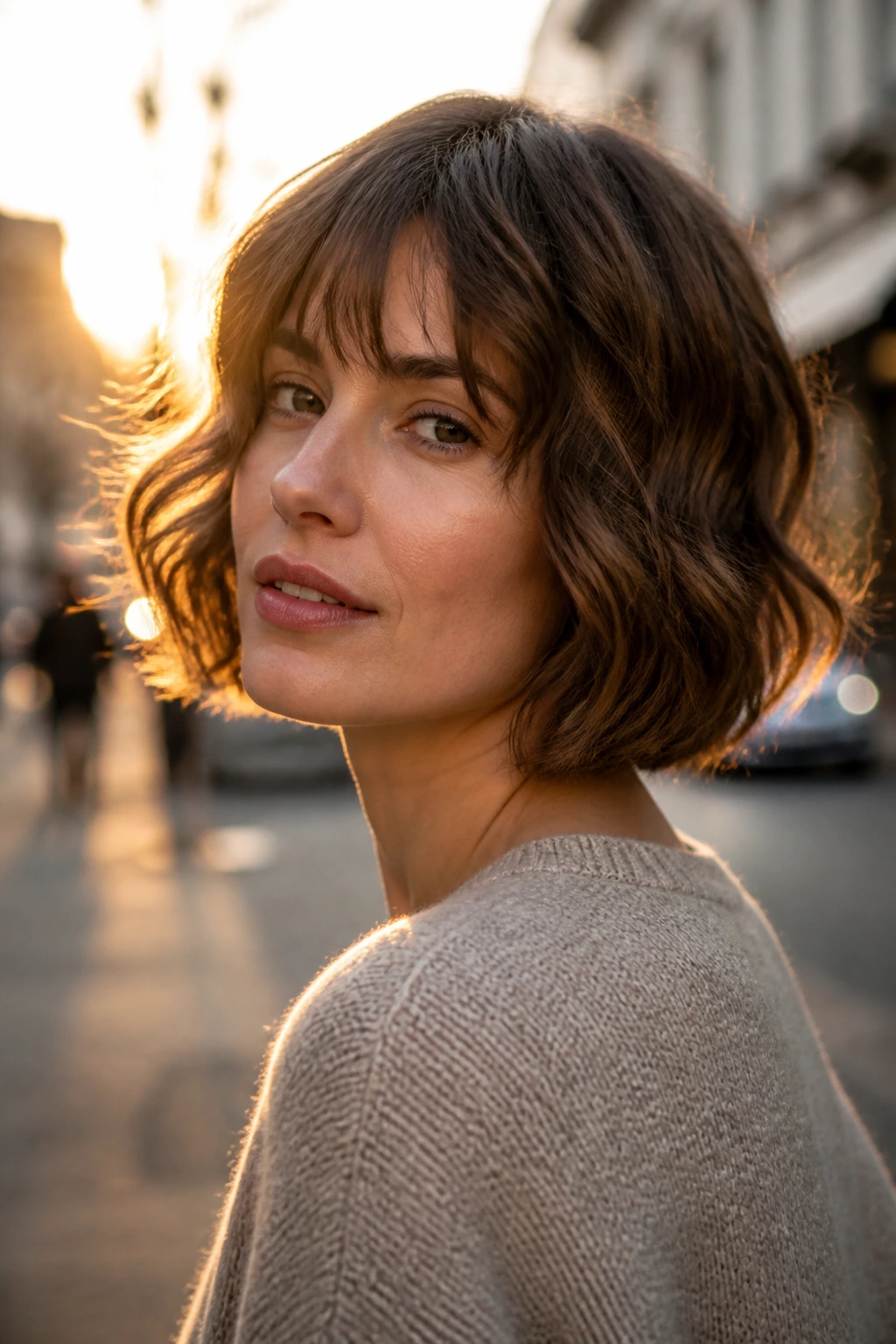 Portrait of a real person with an undone waved bob in golden hour light.