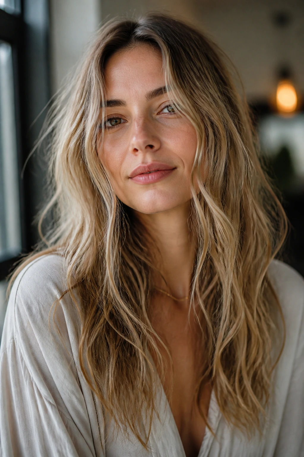 Close-up portrait of a real woman with imperfect, intentional waves
