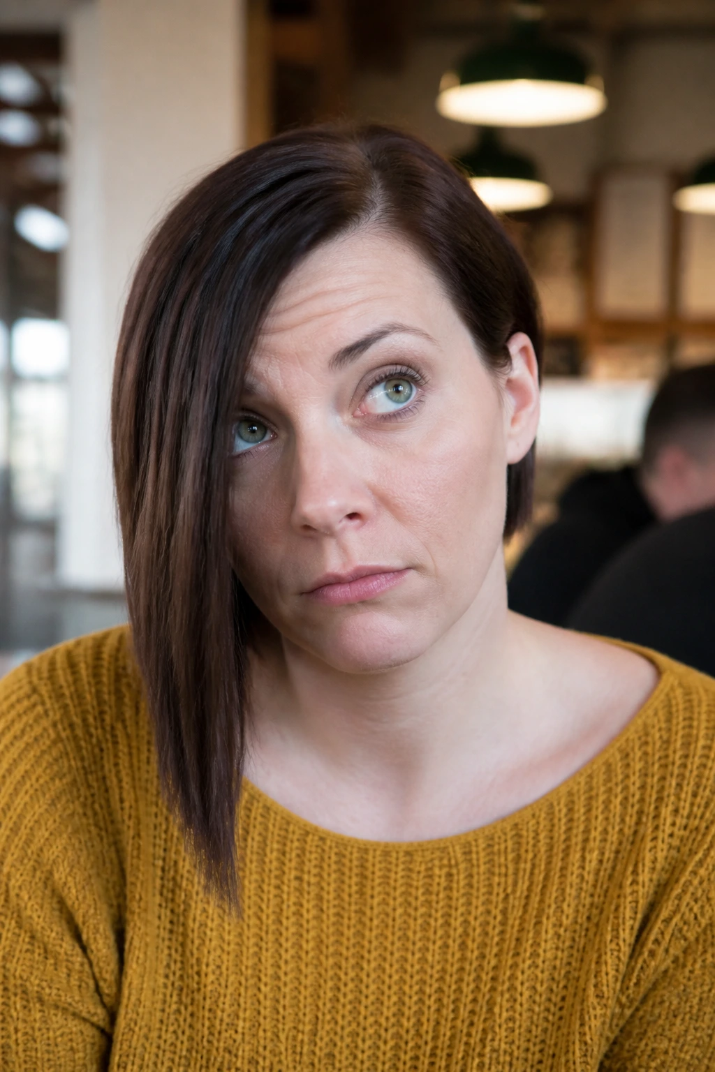 Real woman with an uneven asymmetrical bob in a cafe setting