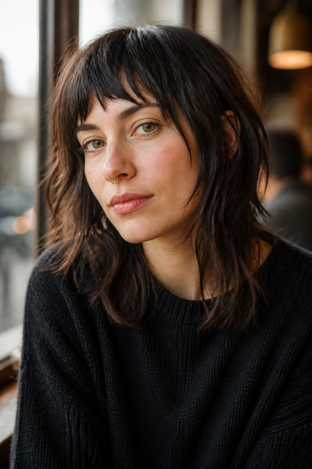 Portrait of a real woman with an uneven fringe shag in natural cafe light