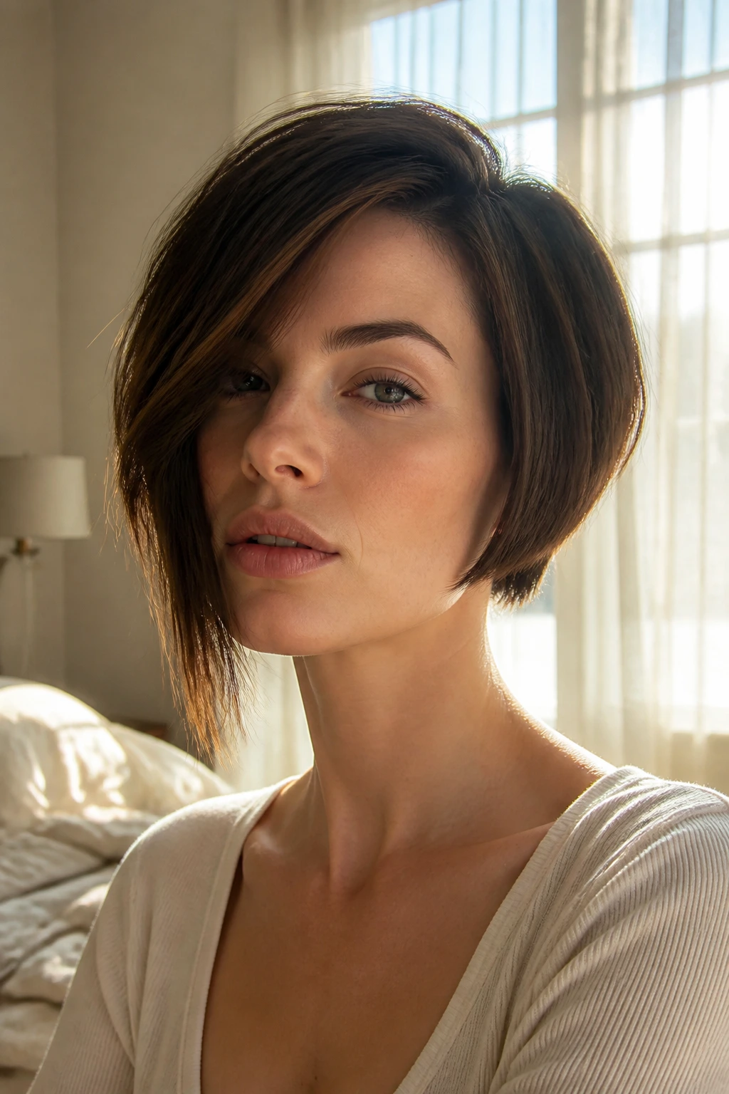 Close-up of a real woman with a short asymmetrical bob showing an uneven front line