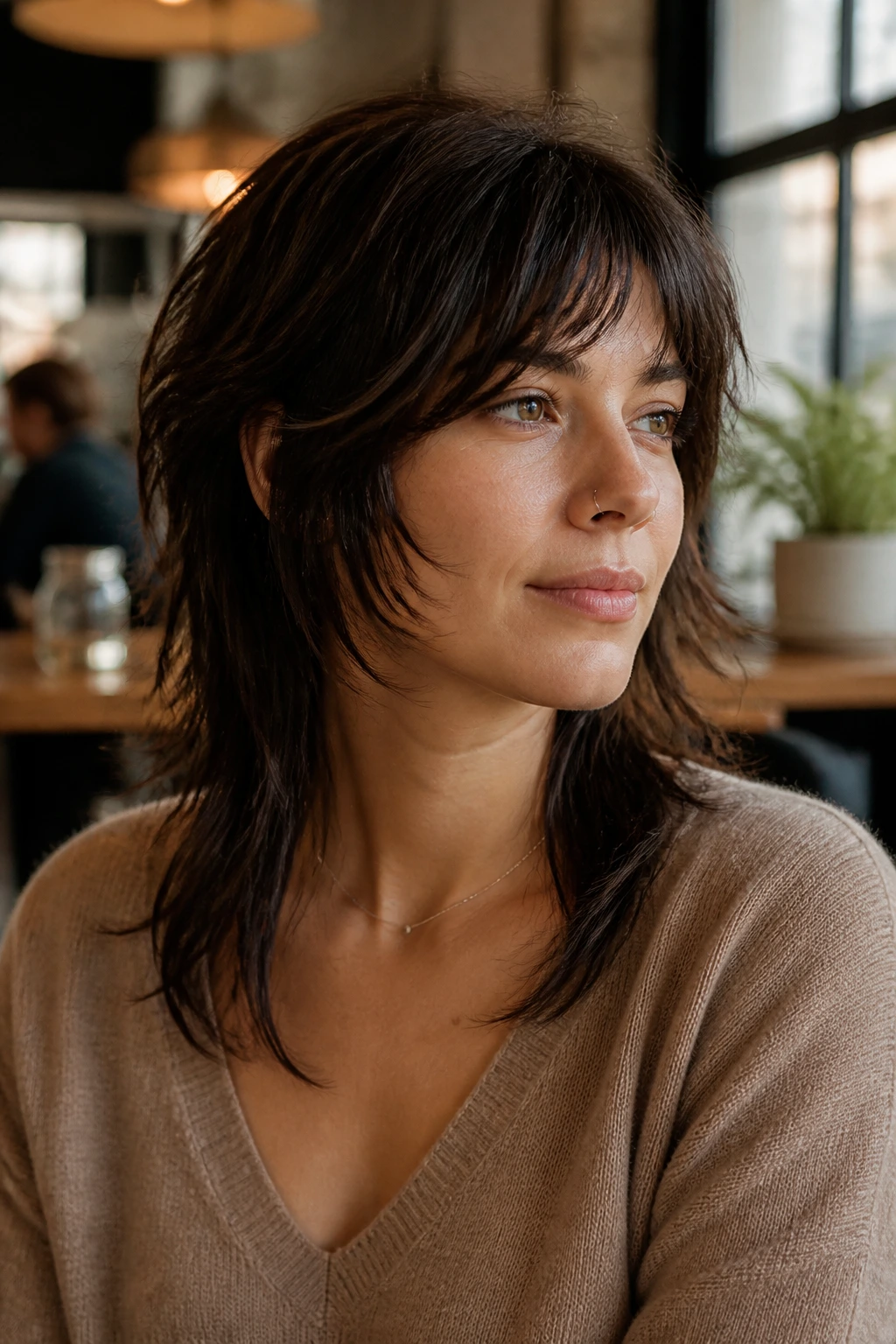 Three-quarter portrait of real woman with uneven midi shag longer back