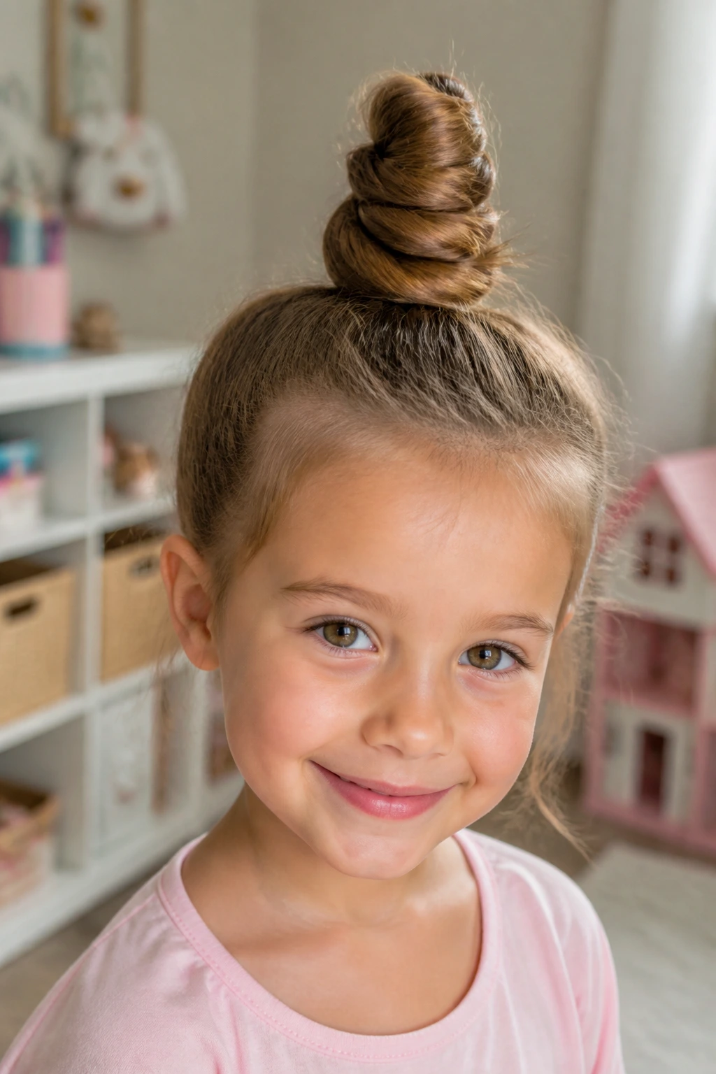 Real girl's head with a high unicorn horn bun at the crown