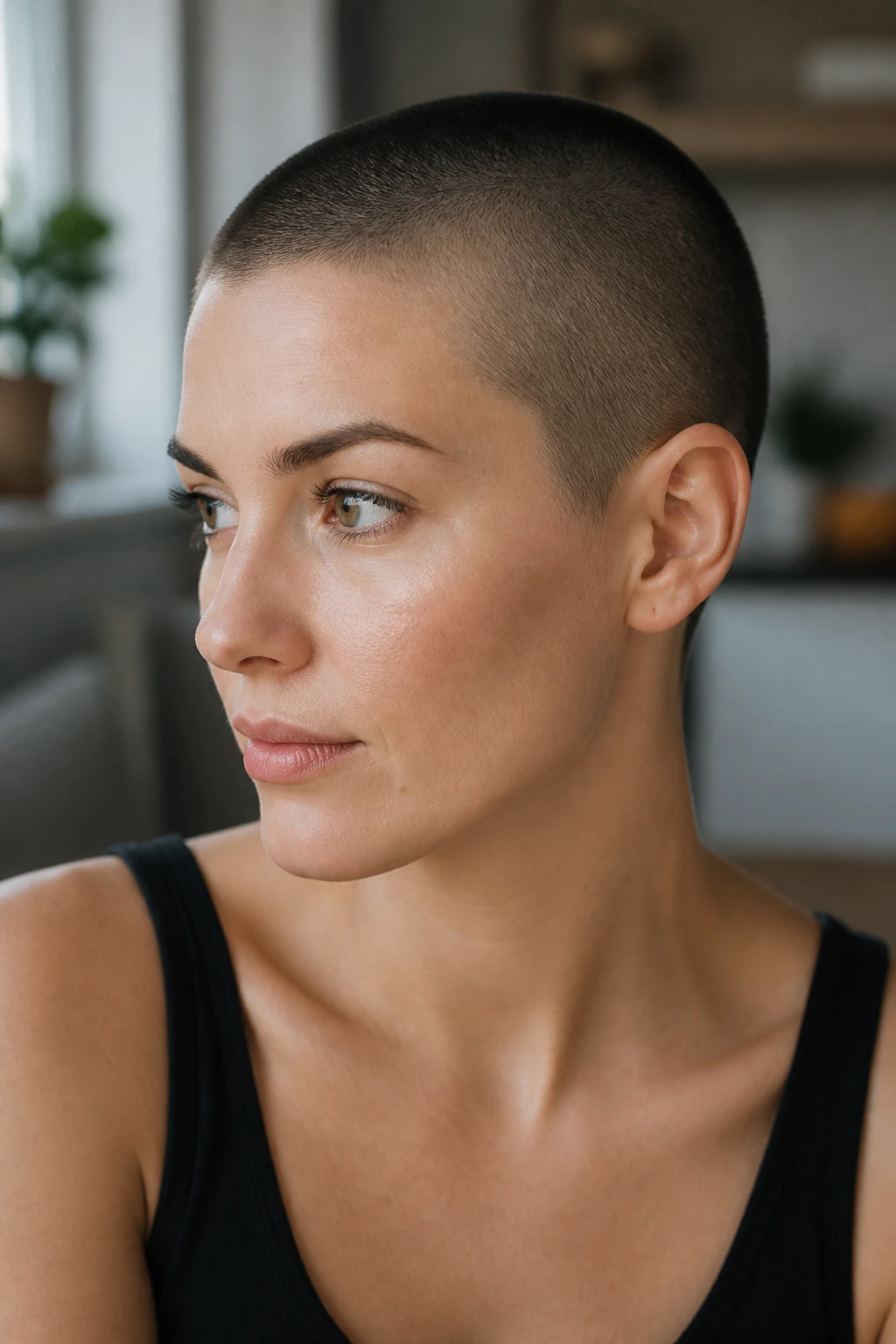 Close-up portrait of a real woman with a uniform close crop and tidy edge
