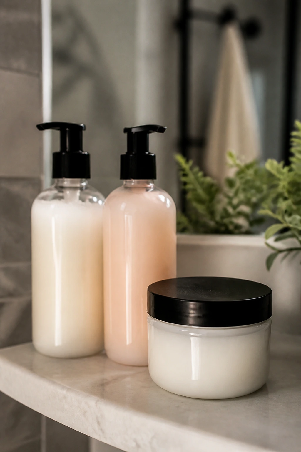 Unlabeled hair product bottles on a bathroom shelf
