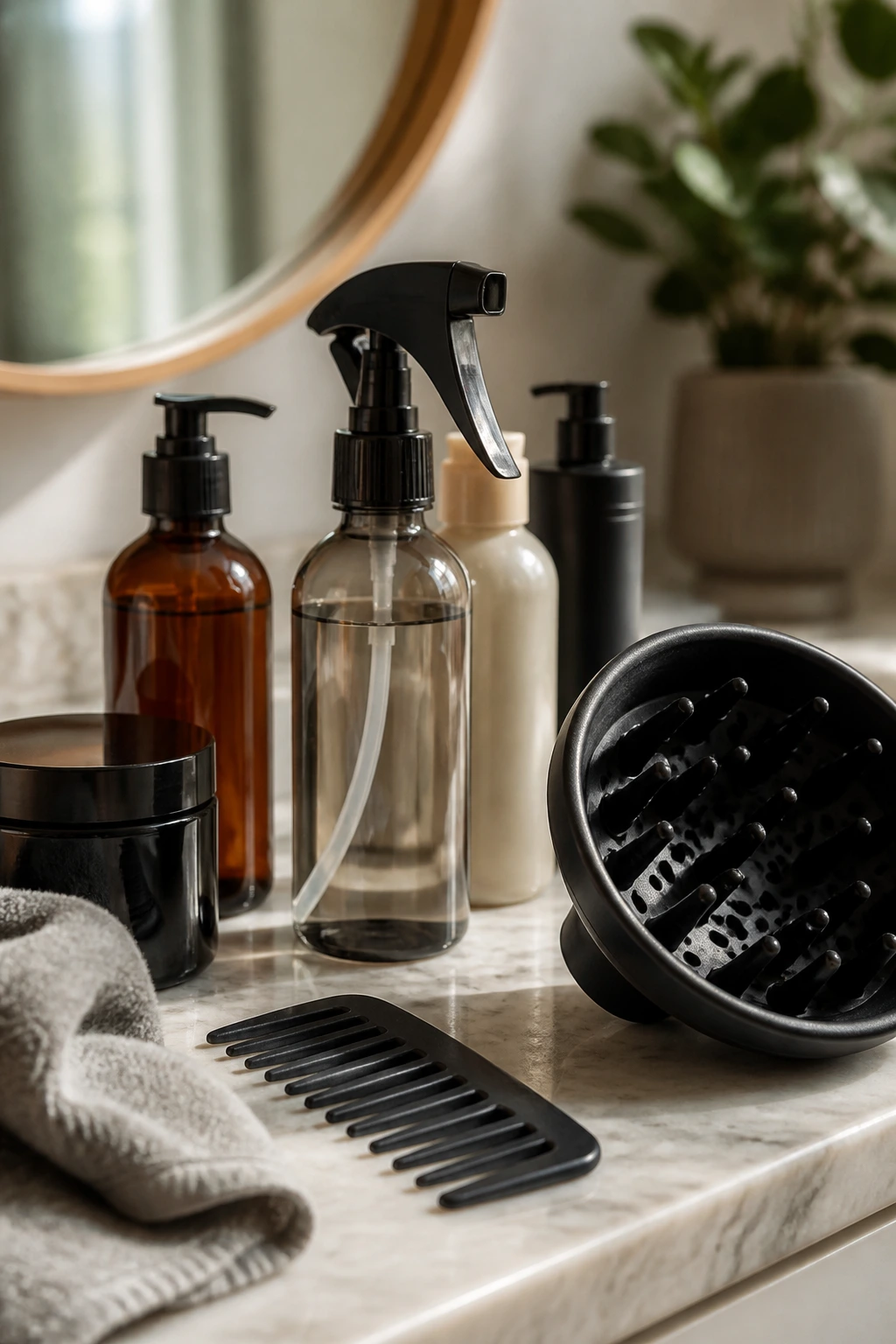 Unlabeled hair tools and bottles on a bathroom counter.