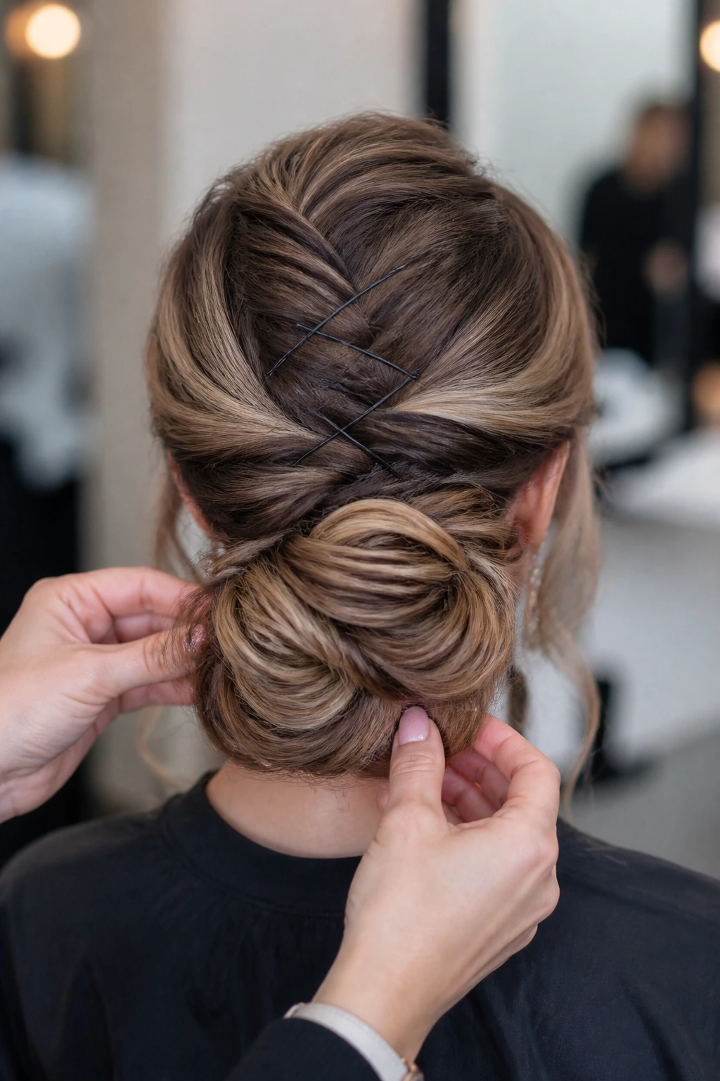 Back view of a real head showing the built base with pins and bun under updo.