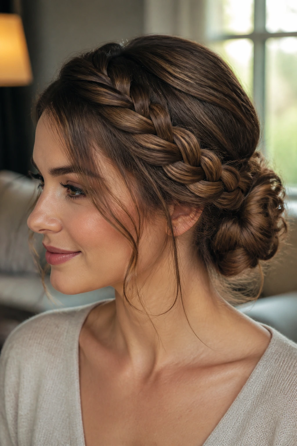 Close-up side profile of a woman with a braided side and a low bun behind the ear