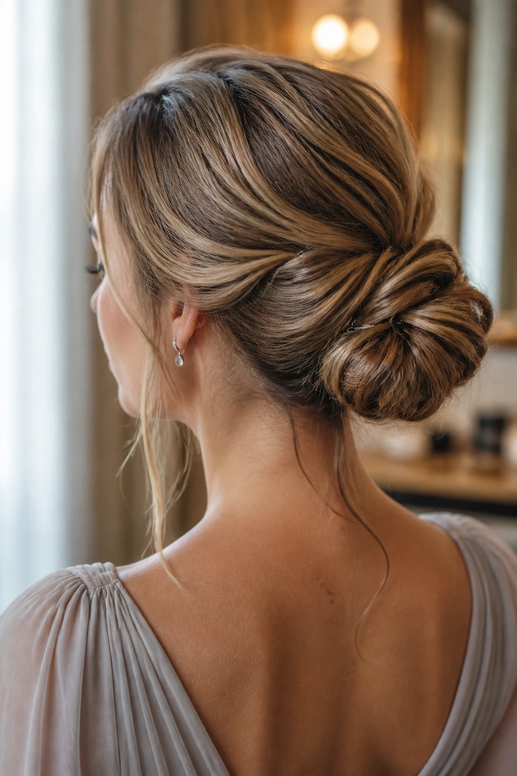 Structured bridesmaid updo close-up with pins in warm dressing room lighting