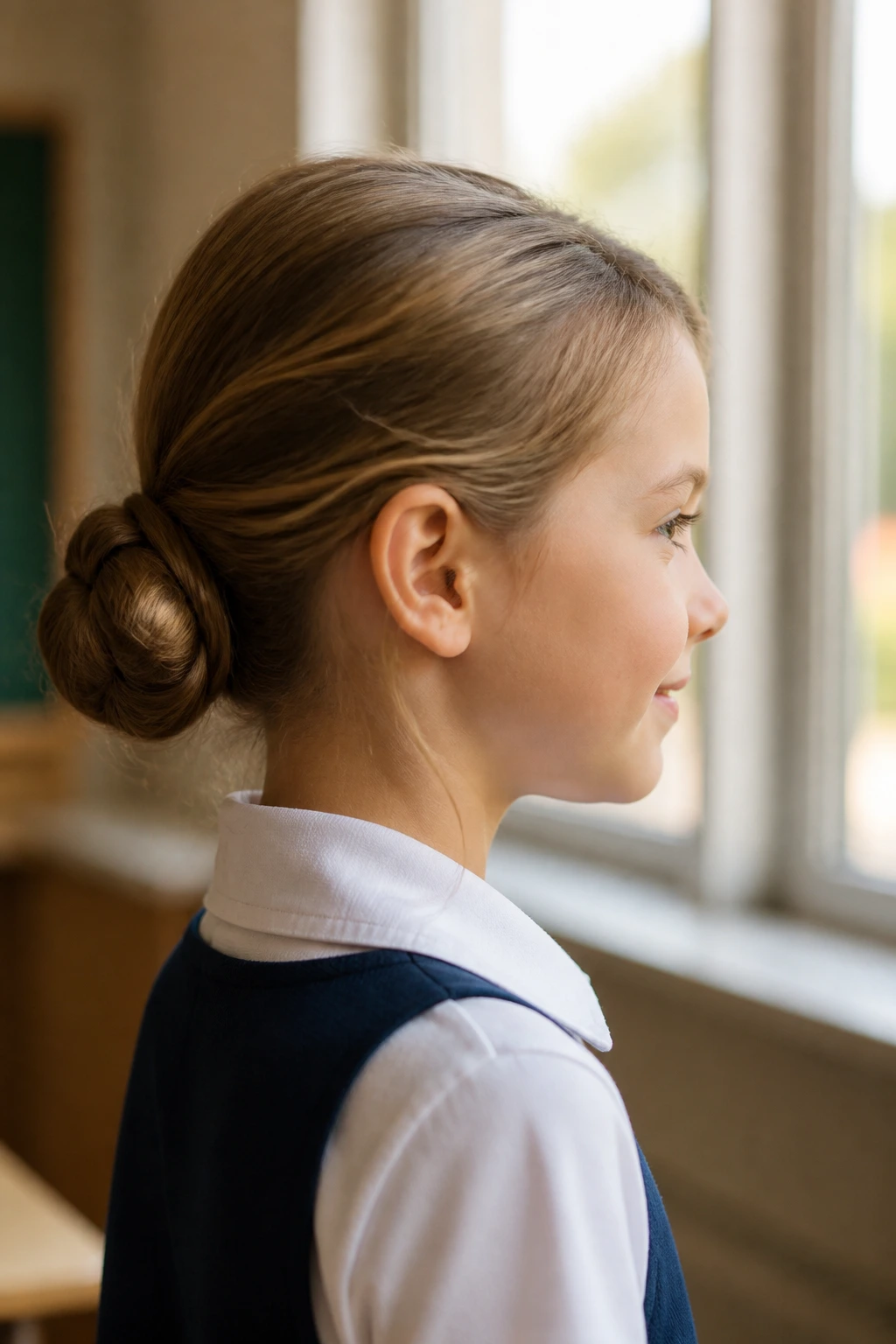 Side-profile portrait of girl with neat low bun in classroom