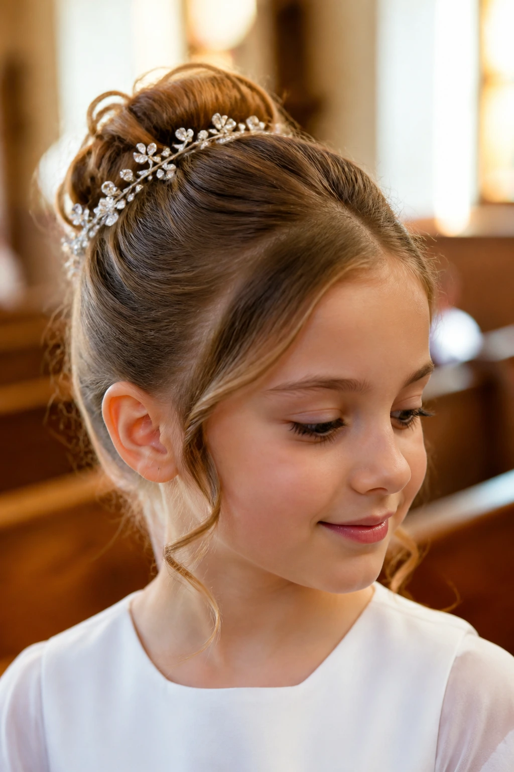 Close-up of a young girl with a neat updo in a church setting