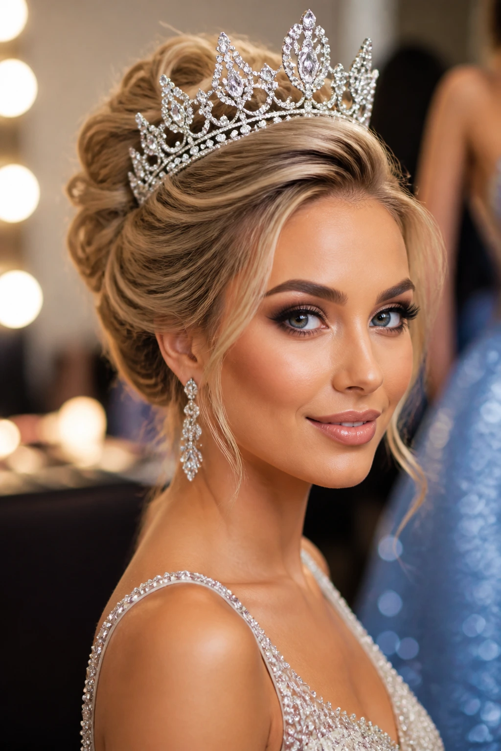 Real woman with a secure crown and polished updo in backstage setting