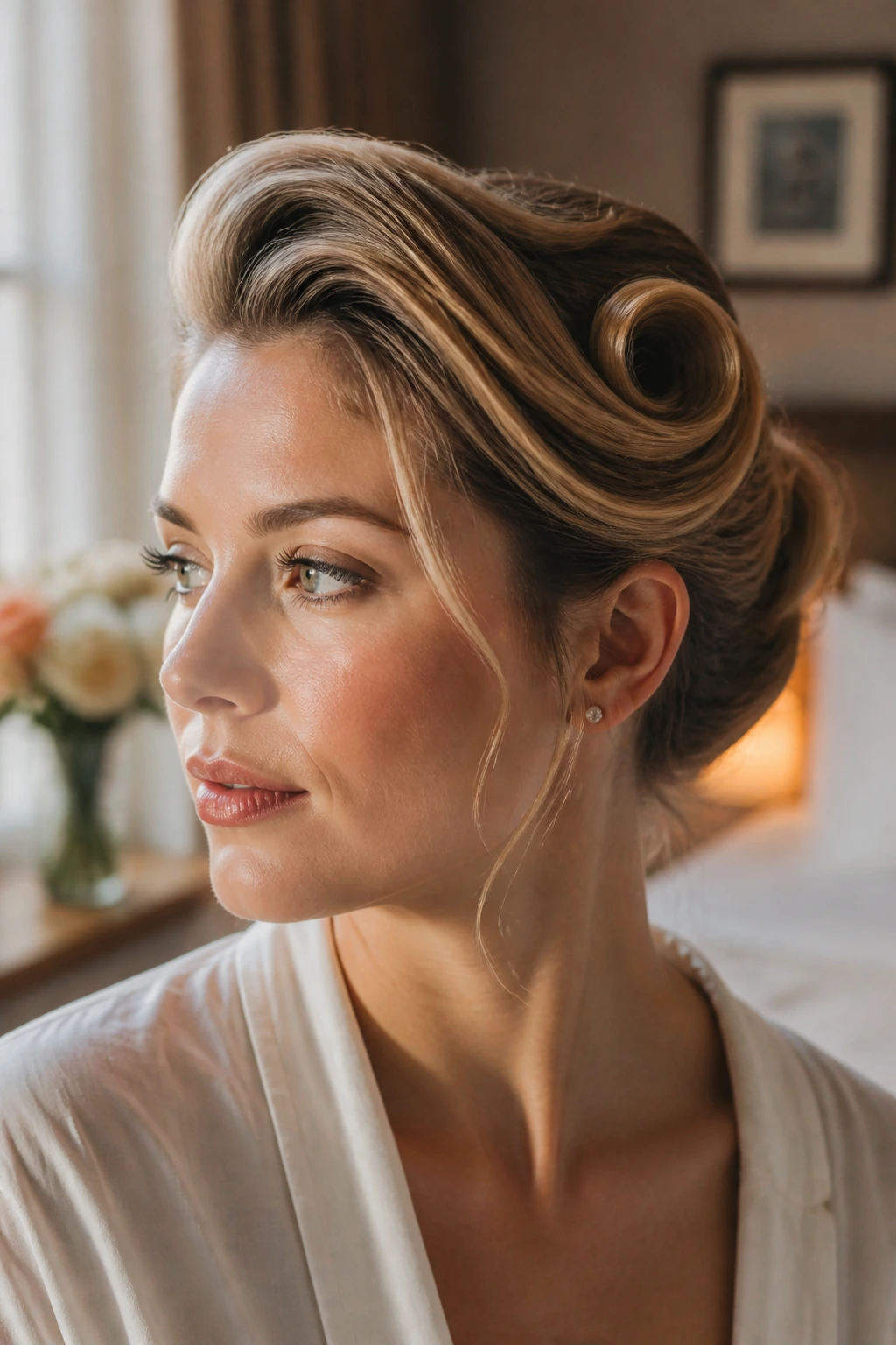 Close-up profile of a woman with a curled pin-up roll along the side of her head