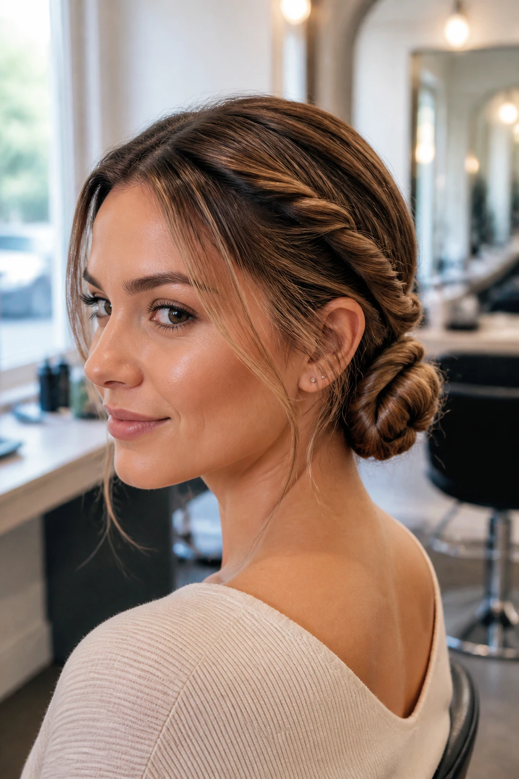Close-up portrait of a woman with two twists forming a low bun at the nape