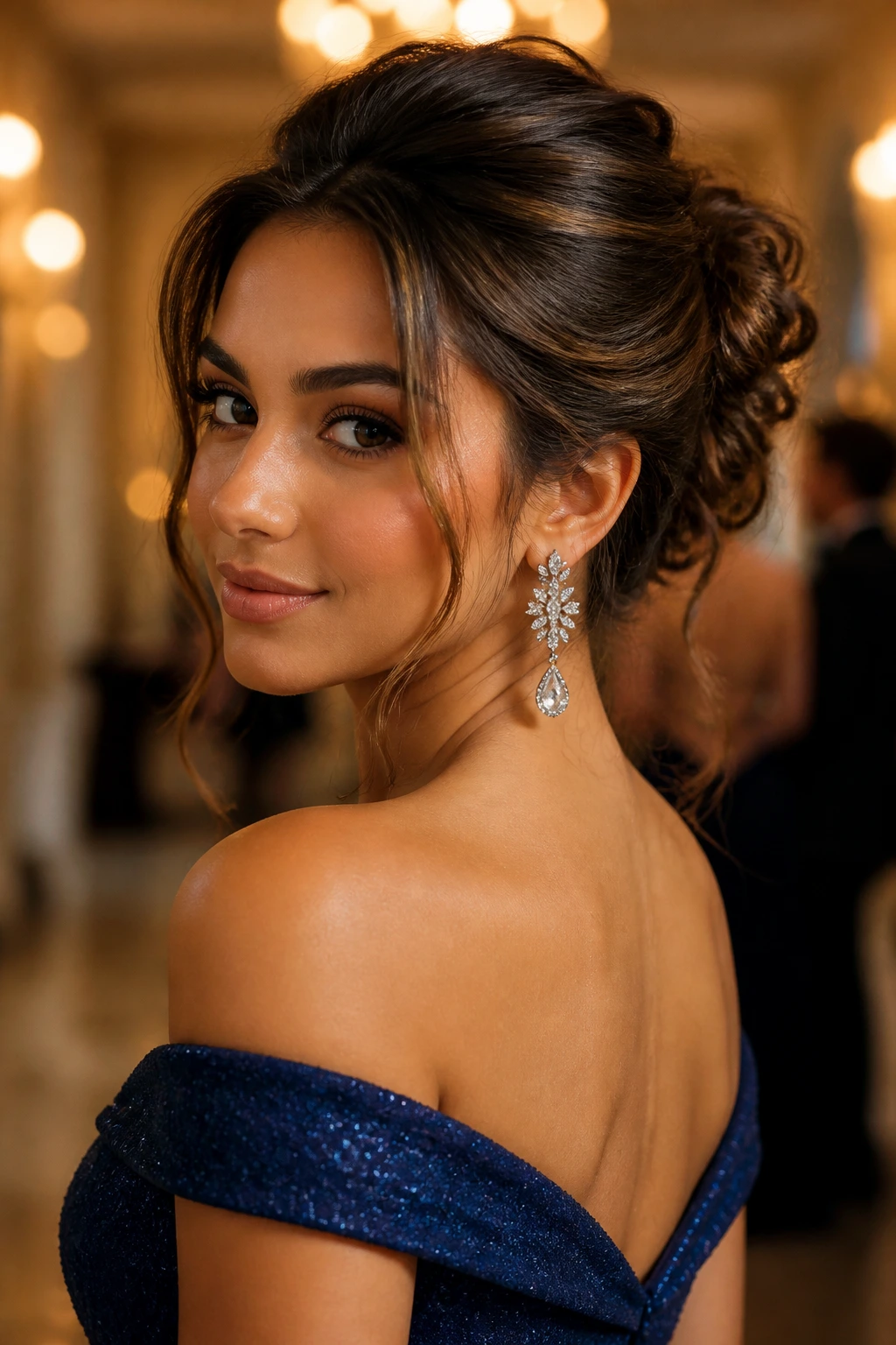 Real person with updo, off-shoulder dress, and single earring in ballroom lighting.