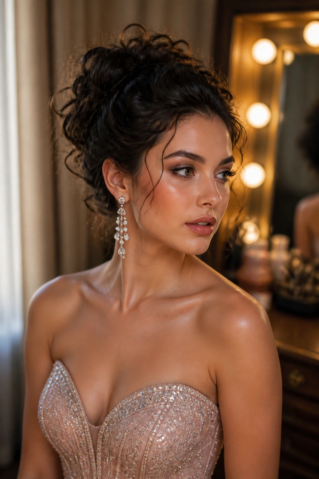 Portrait of a woman in a strapless prom dress with updo, earrings, and makeup