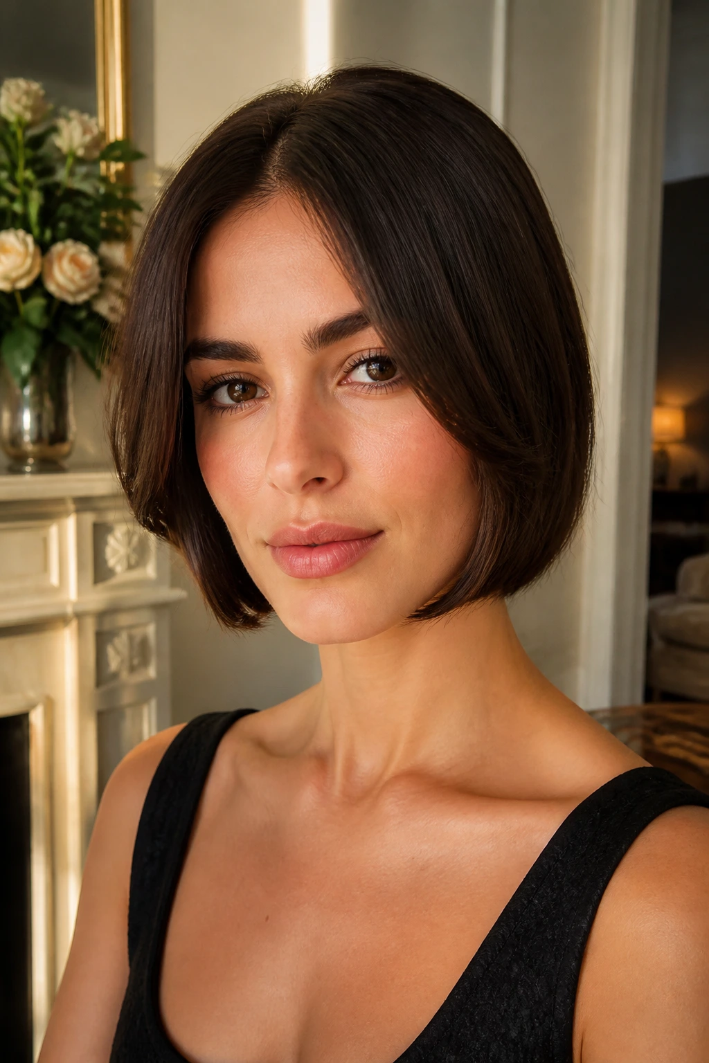 Close-up portrait of a woman with a faux bob tuck along the jawline