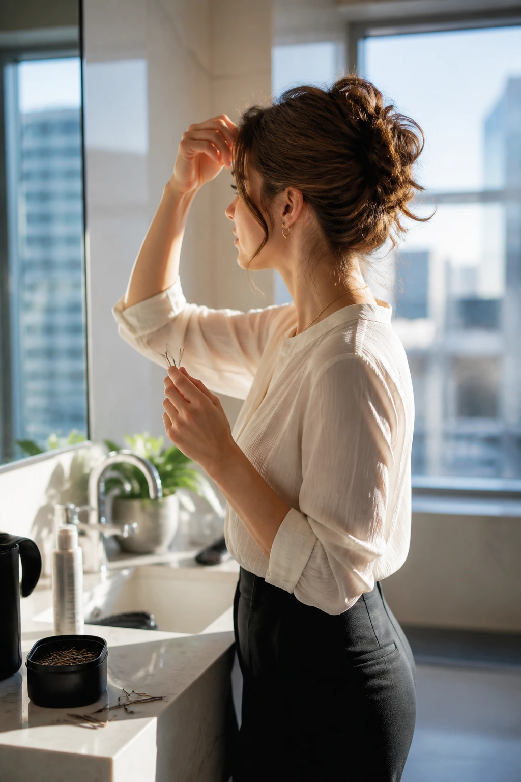 Mid-shot of a real woman with a textured updo and spare pins in a sunlit bathroom
