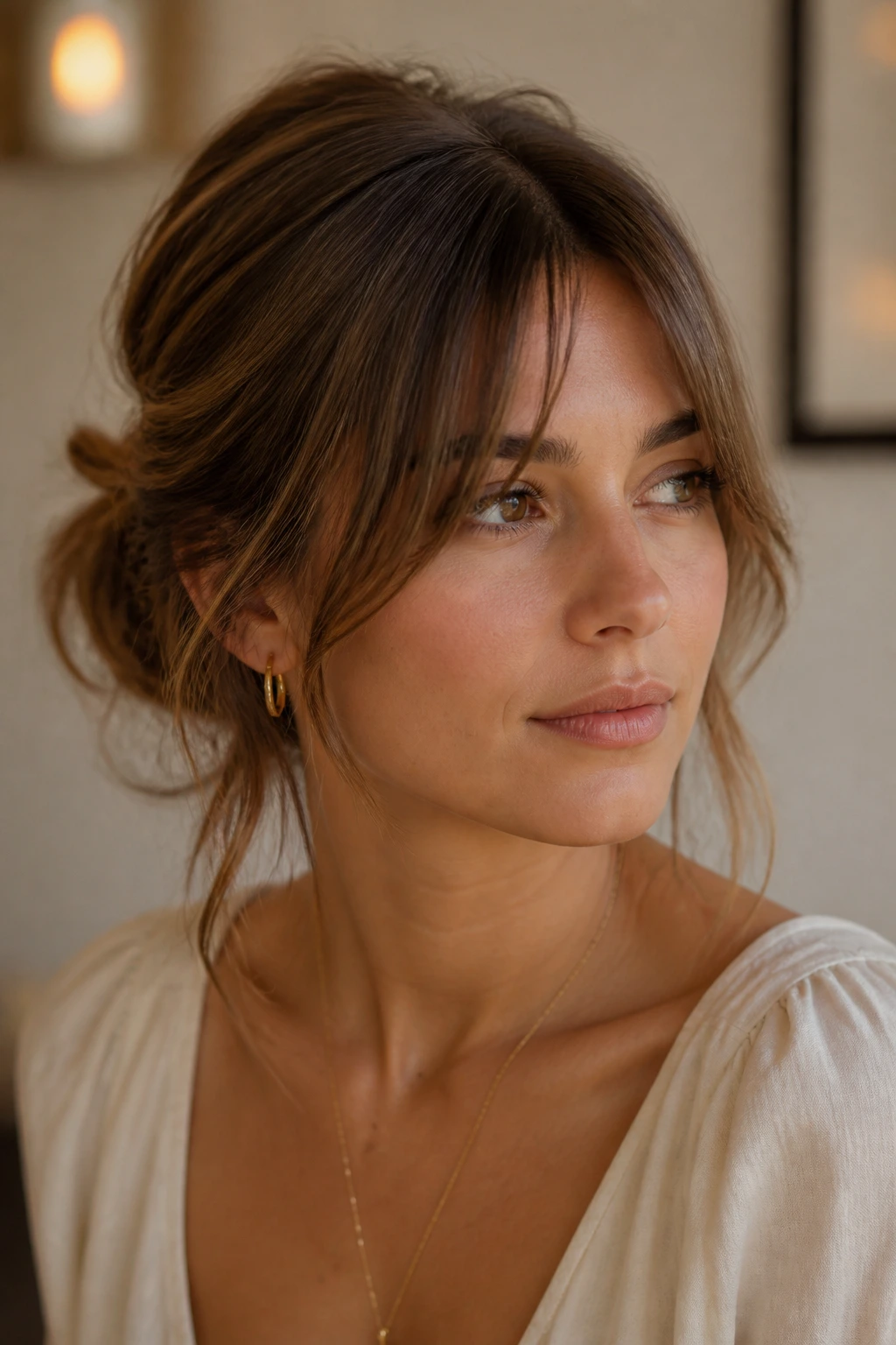 Portrait of a woman with shoulder-length hair and center fringe in an easy updo