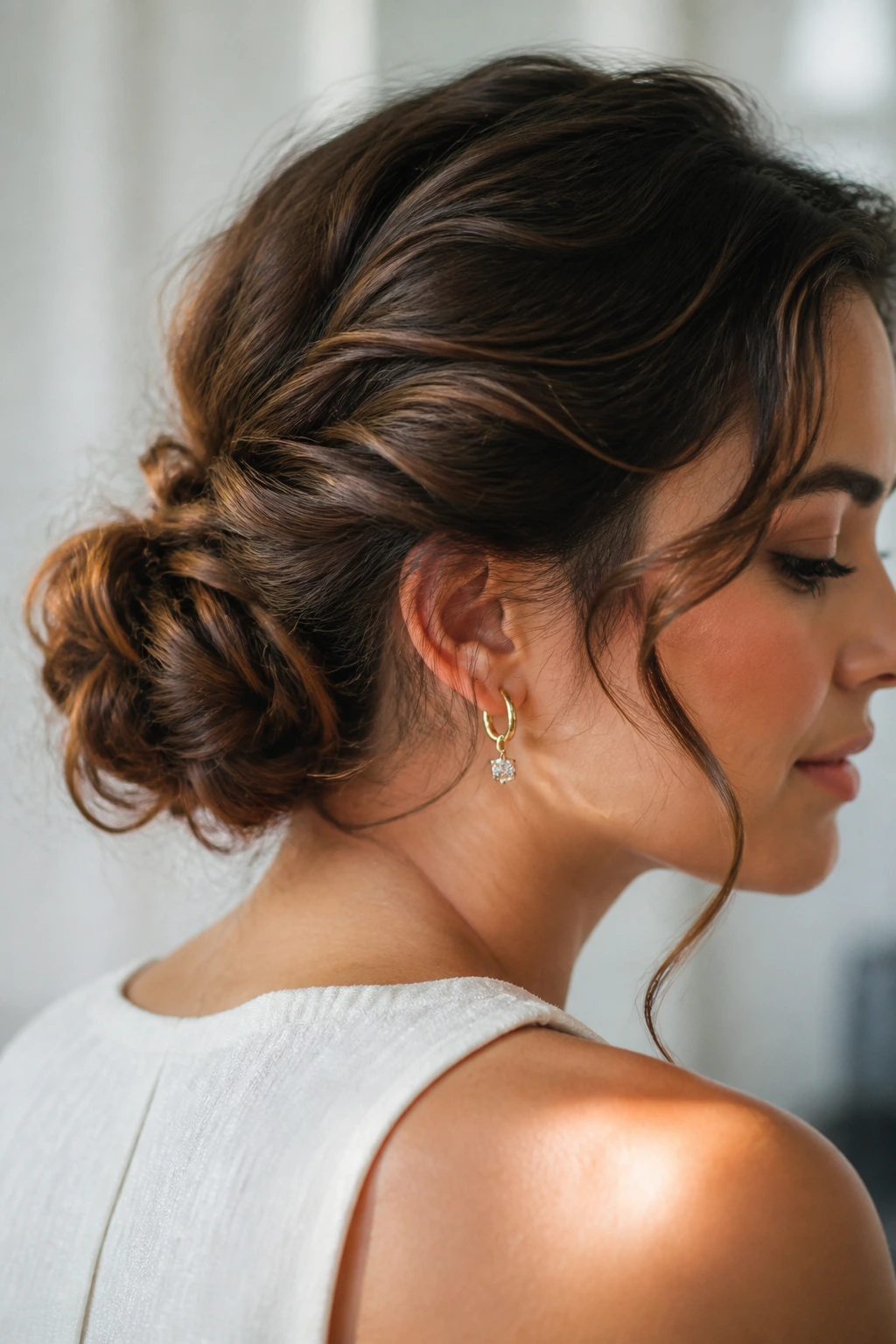 Close-up portrait of a real woman with wrapped low bun suitable for different hair types